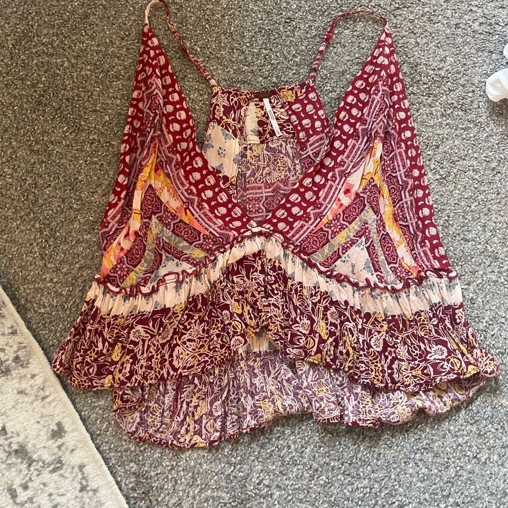 Free People Red Asymmetrical Ruffled Tank Top